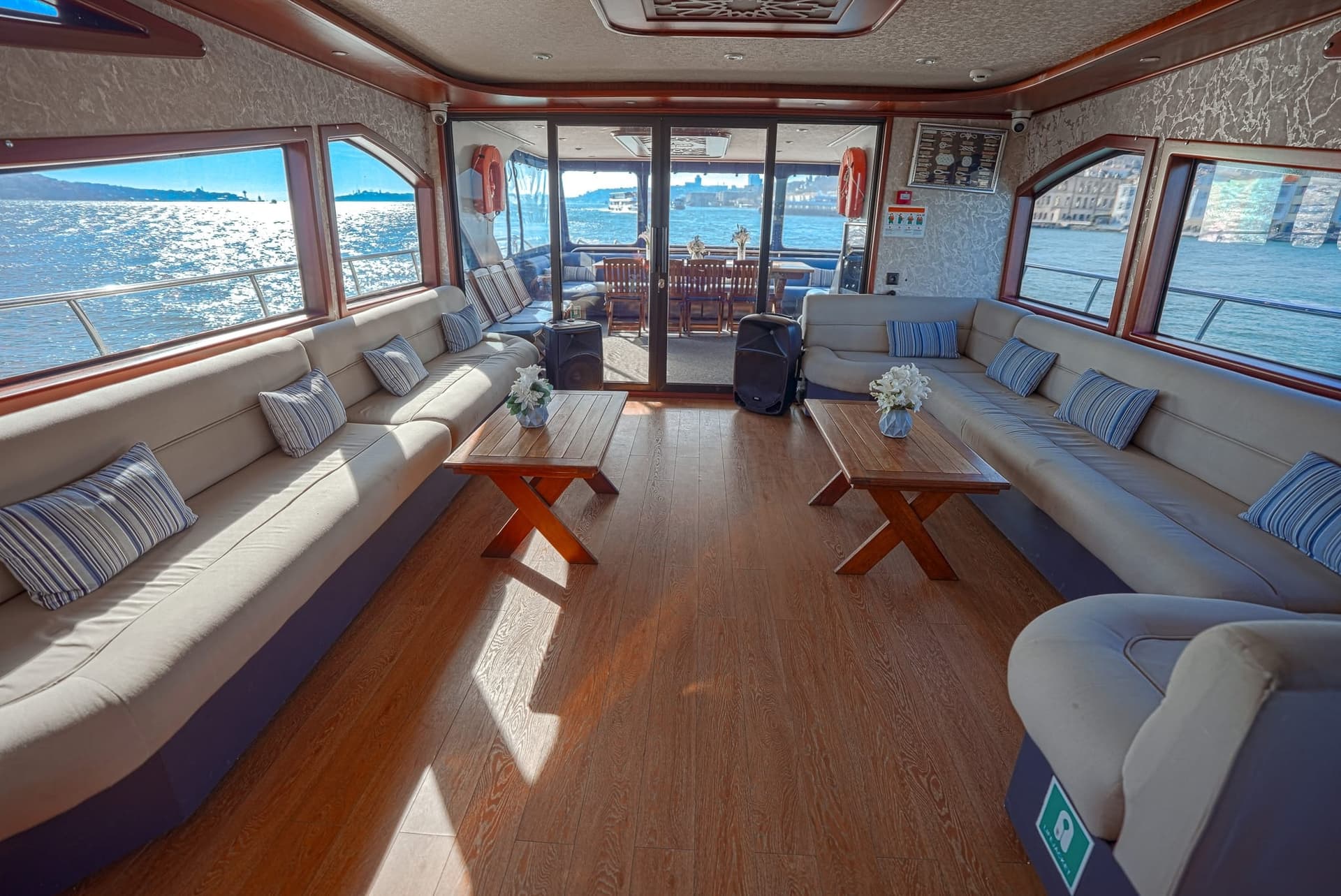 Life jackets and safety equipment rack on a licensed Bosphorus cruise boat deck